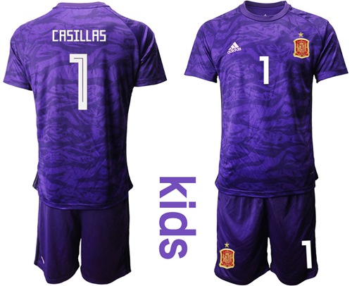 Spain #1 Casillas Purple Goalkeeper Kid Soccer Country Jersey